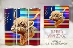 USA Fourth of July tumbler wrap 20oz |Patriotic Highland cow Product Image 1