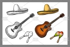 Cinco de Mayo handwriting lettering. Garland, maracas, sombrero and guitar. Vector color vintage engraving Product Image 1