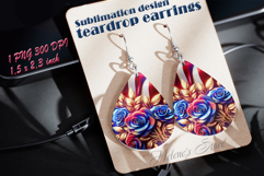 USA Patriotic roses teardrop earrings sublimation design png Product Image 1
