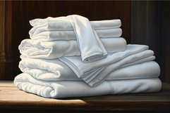 Pristine white linen stack on wooden table Product Image 1