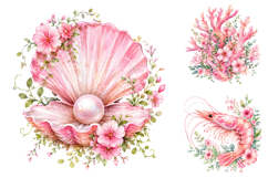 Pink Floral Sea Life Watercolor PNG, Ocean Animals Clipart Product Image 4