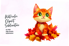 Cute cat with autumn leaves clipart png Product Image 1
