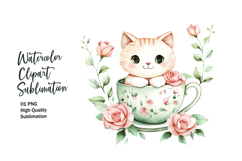 Cute cat with floral tea cup watercolor clipart png Product Image 1