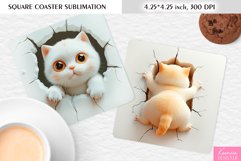 3d Cute Funny White Cat| Broken Wall Square Coaster Product Image 1
