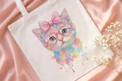 Cute Watercolor Cat with Pink Bow & Glasses PNG Product Image 4