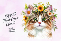Cat with floral crown watercolor clipart Product Image 1