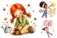 Whimsical Girl Watercolor Clipart Bundle, Kids Storybook PNG Product Image 4
