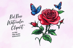 Red rose with butterfly watercolor clipart sublimation Product Image 1