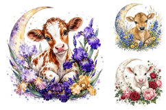 Cute Baby Cow Floral Crescent Moon Watercolor Clipart Bundle Product Image 4
