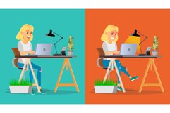 Stressed Out Woman Vector. Blonde Girl Working At Office. Product Image 1
