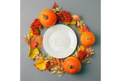 White plate with autumnal decor on gray background Product Image 1