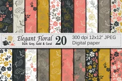 Seamless Elegant Floral Digital Paper with hand drawn flowers - Gray Gold Coral Product Image 1