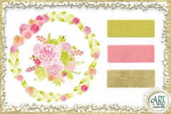 Watercolor Boho Floral Pink wreath gold frame PNG 5 elements Product Image 2