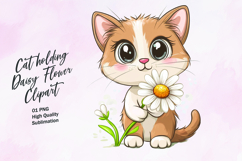 Cat holding daisy flower watercolor clipart Product Image 1