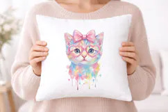 Cute Watercolor Cat with Pink Bow & Glasses PNG Product Image 5
