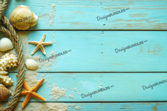 Blue wooden background with starfish, sand, and shells Product Image 1