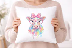 Cute Cow Watercolor PNG, Rainbow Cow with Glasses Product Image 5