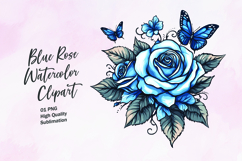 Blue rose with butterfly watercolor clipart sublimation Product Image 1