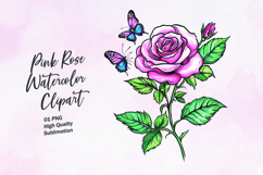Pink rose with butterfly watercolor clipart sublimation Product Image 1