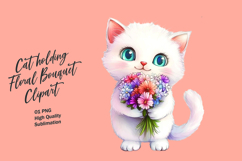 Cat holding floral bouquet watercolor clipart Product Image 1