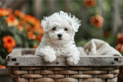 Adorable white puppy in wicker basket Product Image 1