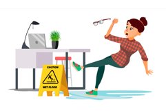 Woman Slips On Wet Floor Vector. Caution Sign. Isolated Flat Product Image 1