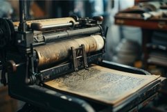 Old industrial printing press creating text on paper Product Image 1