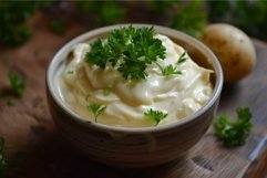 Bowl of delicious homemade mayonnaise with fresh parsley on Product Image 1
