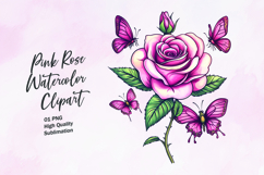 Pink rose with butterfly watercolor clipart sublimation Product Image 1