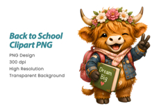 Back to School Highland Cow Clipart PNG, Cute Highland PNG Product Image 2