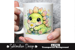 Cute Green Dinosaur Holding Flower Watercolor Sublimation Product Image 1