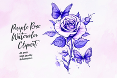 Purple rose with butterfly watercolor clipart sublimation Product Image 1