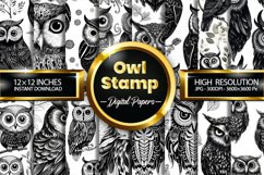 Owl Stamp Digital Papers, Birds Pattern Product Image 1