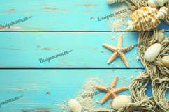 Blue wooden background with starfish, sand, and shells Product Image 1