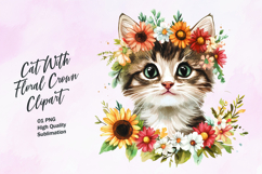Cat with floral crown watercolor clipart Product Image 1