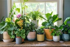 Variety of potted indoor plants on wooden table Product Image 1