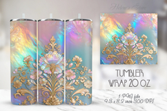 Gold floral rainbow tumbler 20oz wrap sublimation design png Product Image 1