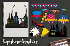 Superhero City Party clipart, buildings, banners, badge Product Image 1