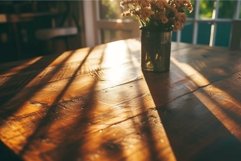 Warm sunset light on rustic wooden table with flowers Product Image 1