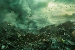 Dramatic depiction of a coastal city overwhelmed by pollutio Product Image 1