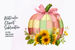 Floral Pumpkin with Bow Watercolor Clipart Sublimation Product Image 1