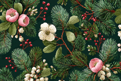 Pink Blossom Christmas Pattern - Evergreen Pine Botanical Product Image 1