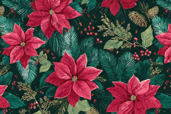 Red Poinsettia Christmas Pattern - Dark Evergreen Botanical Product Image 1