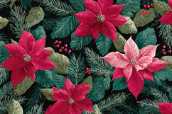 Red Poinsettia Christmas Pattern - Mixed Pine &amp; Berry Print Product Image 1