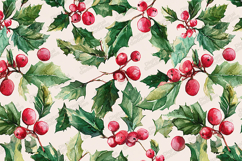 Watercolor Holly Berry Pattern - Christmas Botanical Print Product Image 1