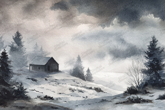 Watercolor Winter Cabin - Misty Snowy Mountain Landscape Art Product Image 1