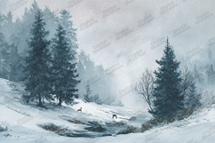Watercolor Snowy Forest - Winter Landscape with Deer Art Product Image 1