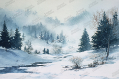 Watercolor Winter Landscape - Misty Forest &amp; Snowy Cabin Art Product Image 1