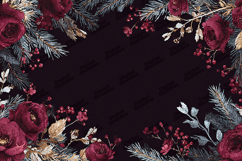 Watercolor Burgundy Rose Pine Christmas Frame Background Product Image 1