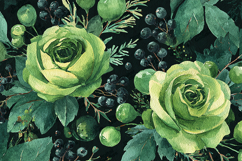 Watercolor Green Rose Floral Black Background Seamless Patte Product Image 1